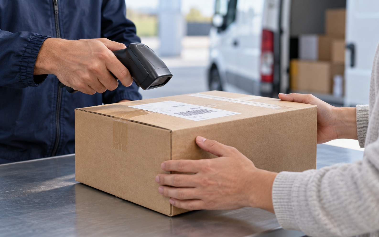 Illustrative parcel handoff with a courier scanning the shipping label